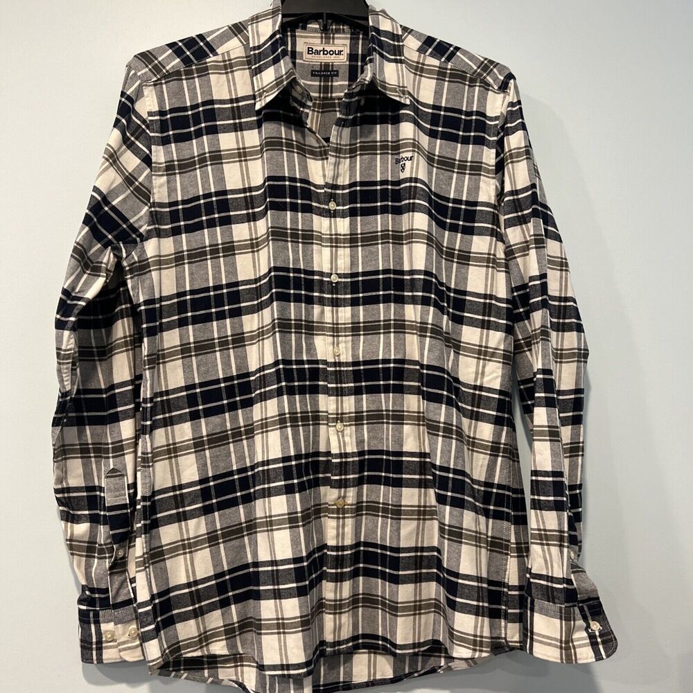 Barbour Tailored Fit 100% Cotton Button Down Blue/white Plaid Shirt, Large